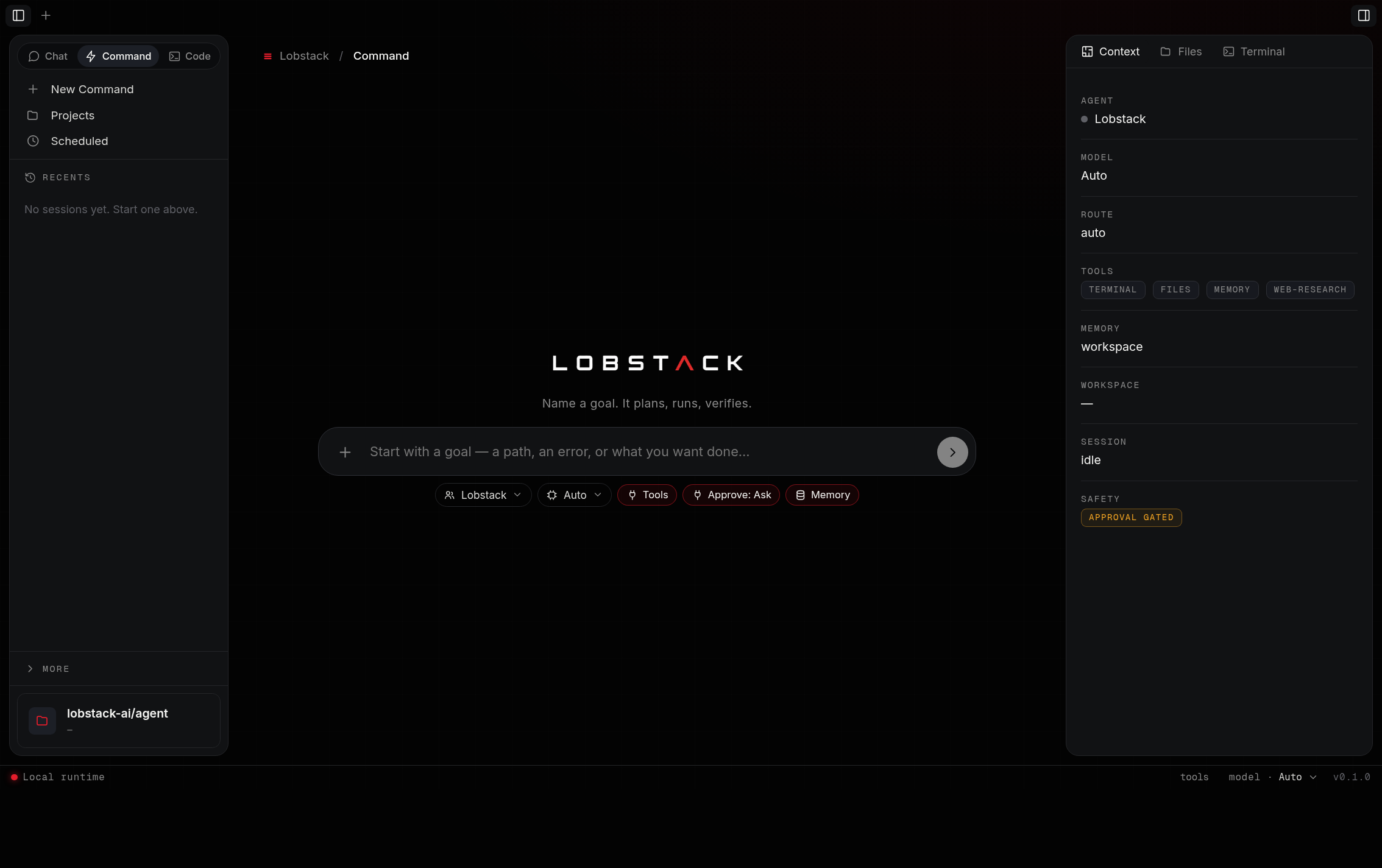 The Lobstack Agent Harness desktop app — Command view