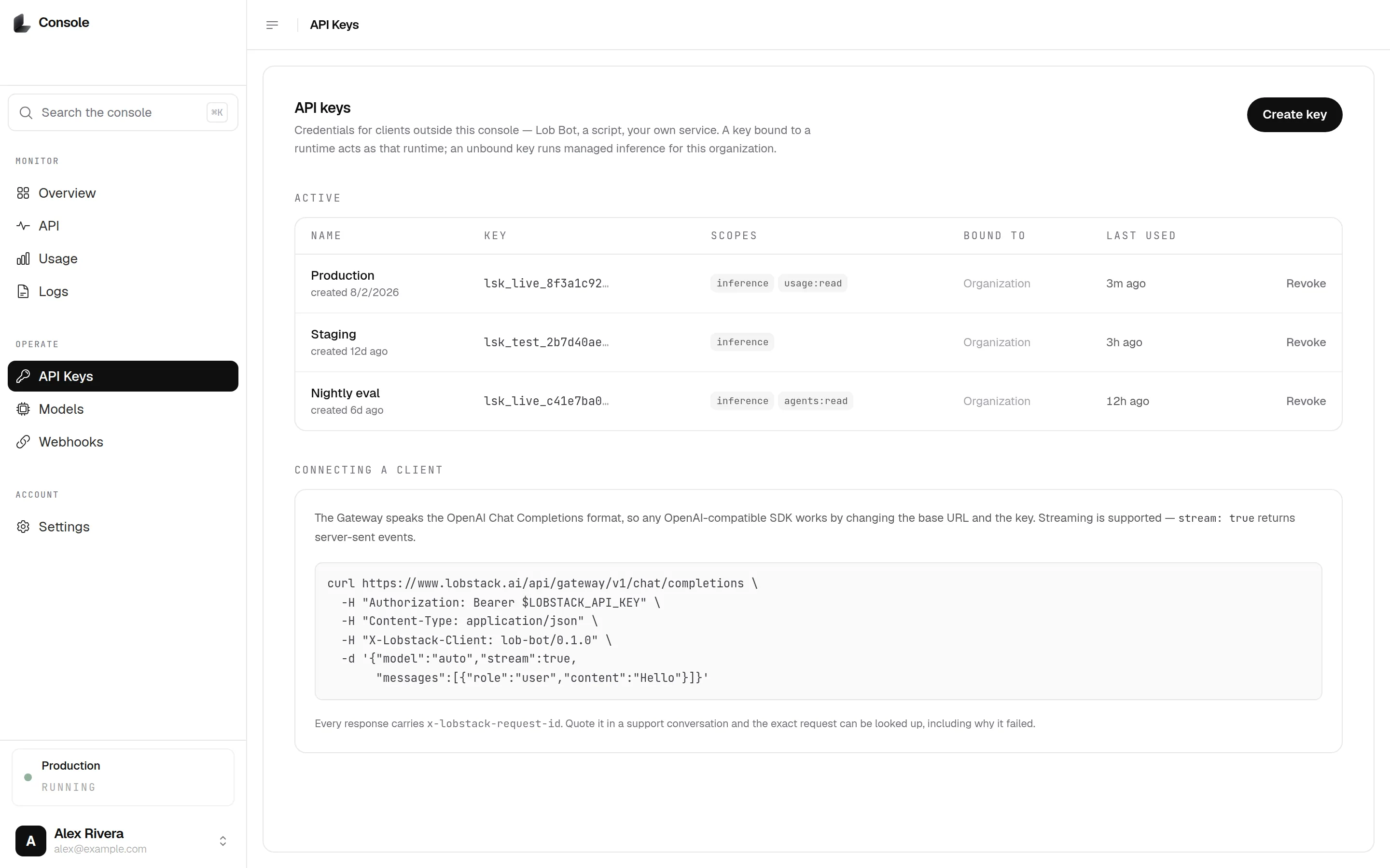 The Lobstack Console — API Keys. Mint, scope and rotate. The secret is shown once.