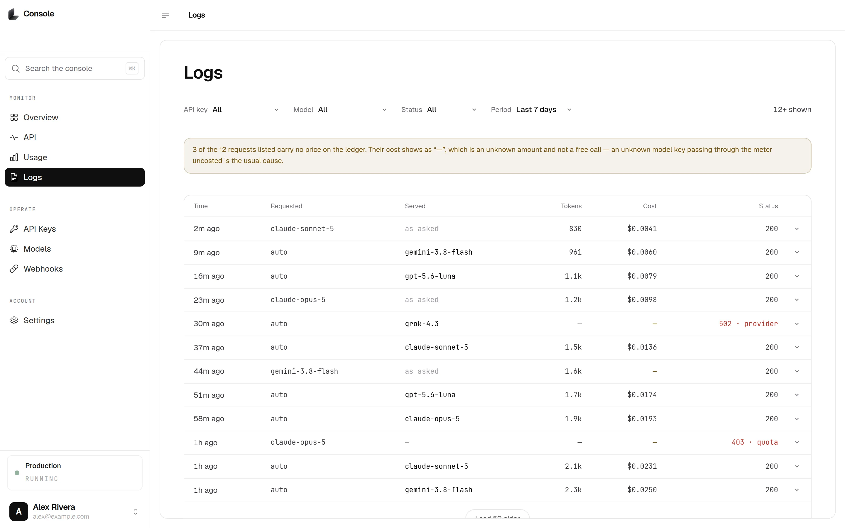 The Lobstack Console — Logs. Every Gateway request, expandable to its full receipt.
