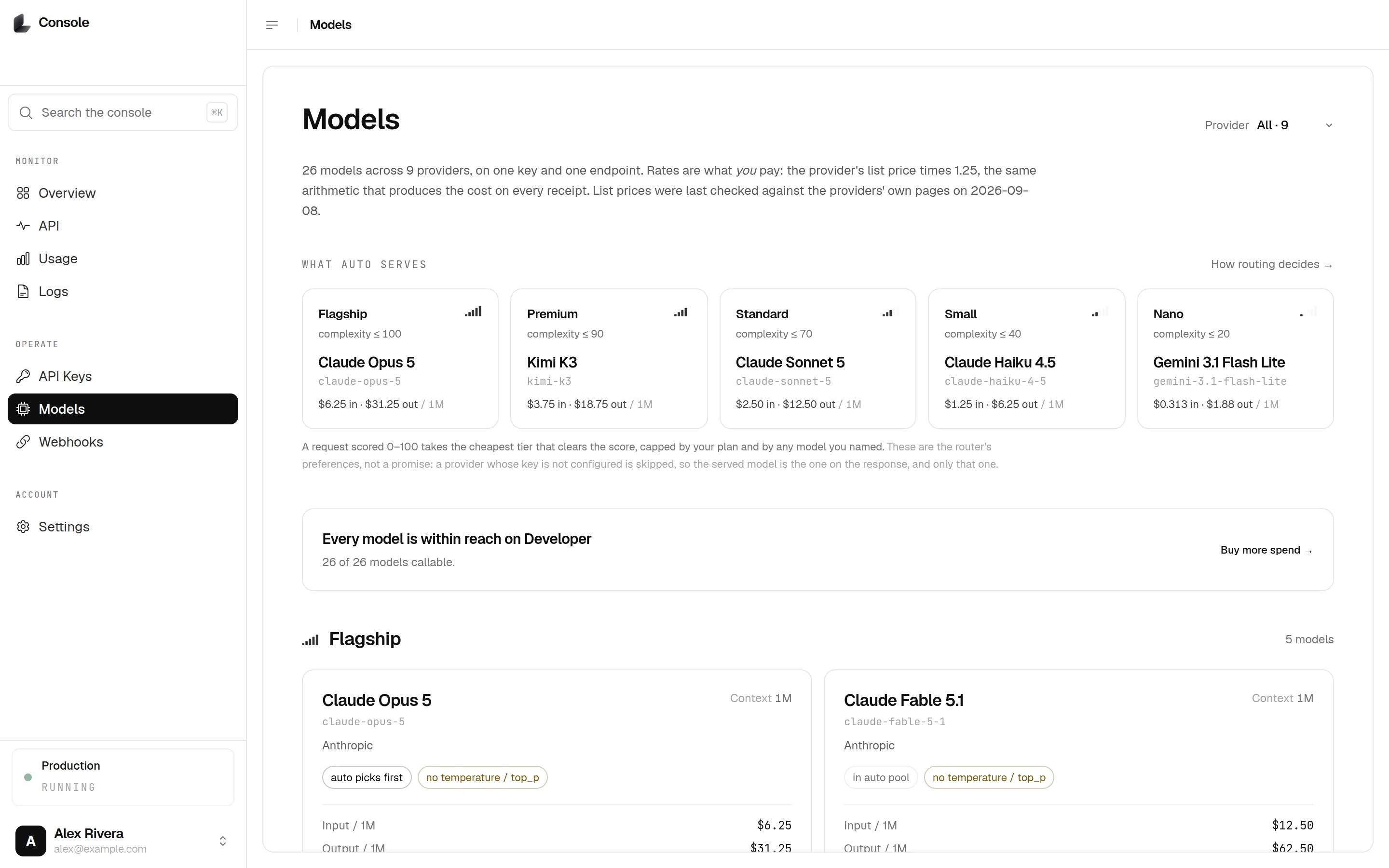 The Lobstack Console — Models. What auto can reach on your plan, and the rate for each.