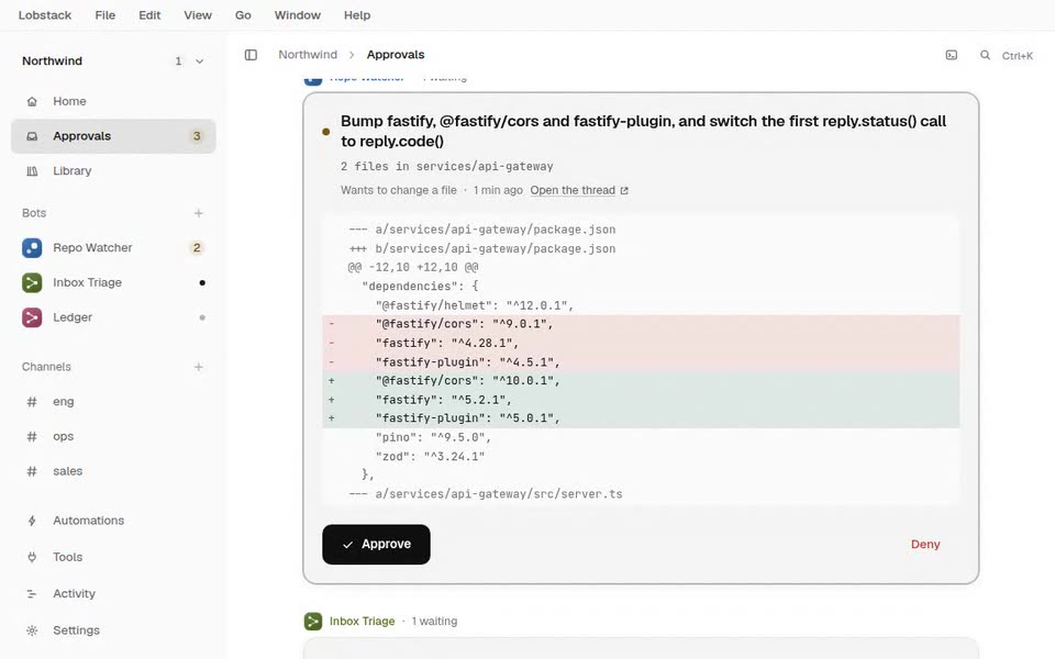The Approvals page: a bot waits on a two-file diff with Approve and Deny.