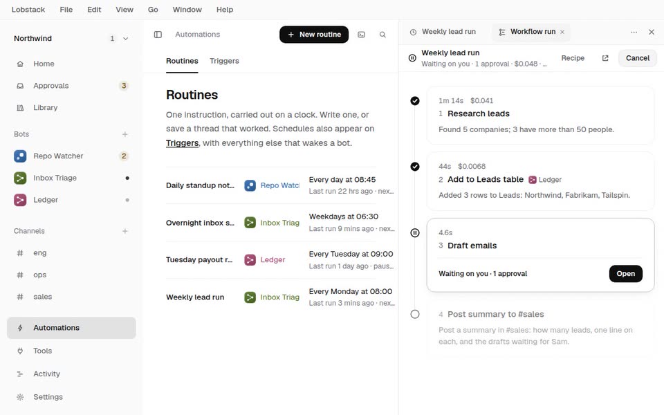 Routines, the weekly lead run opened as a recipe, then a run of it moving through its steps.