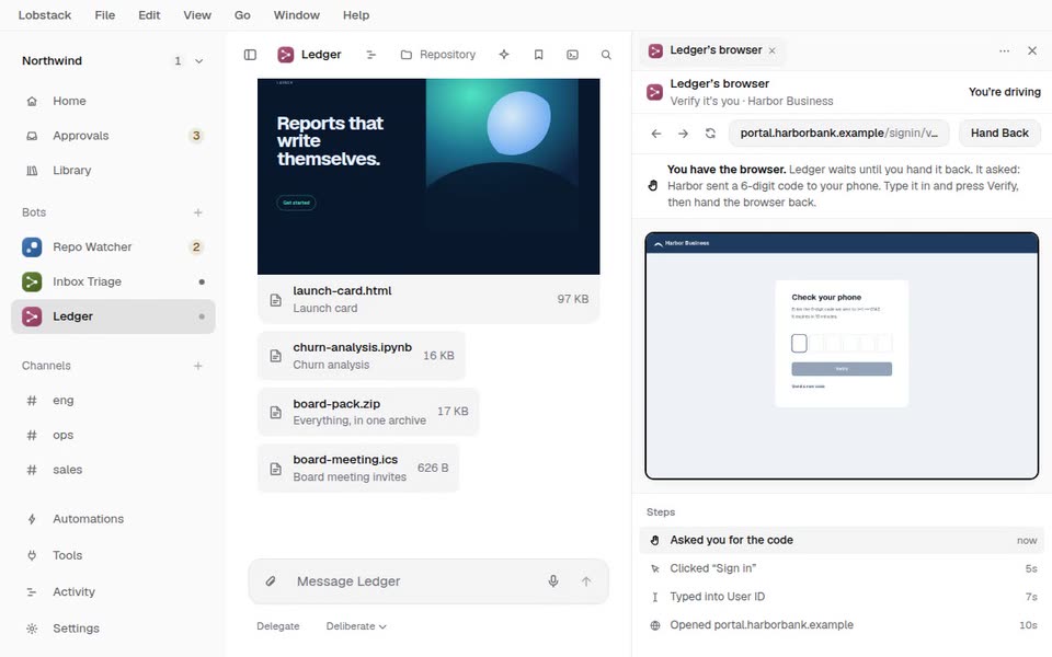 Ledger’s browser signing in to a bank portal, each click marked and listed as a step, then Take Over.