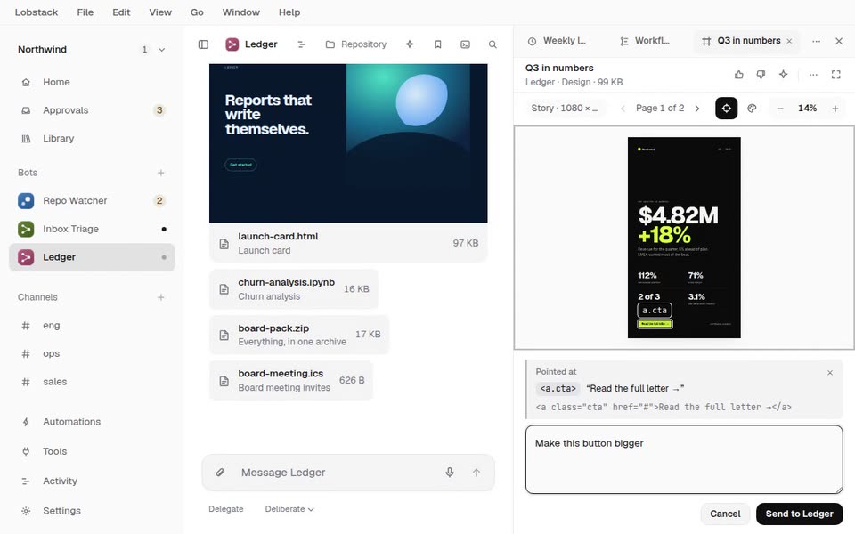 A design opened in a canvas tab beside the conversation, then Point on its button and a request for a change.
