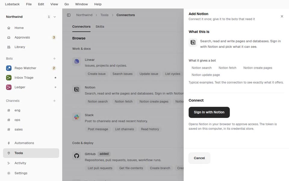 Connectors: adding Notion shows what it gives a bot and one sign-in button.
