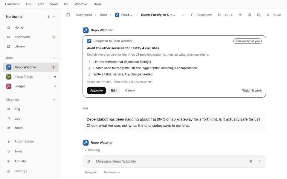 A job delegated to Repo Watcher: a three-step plan with Approve, Edit and Cancel, then approved.
