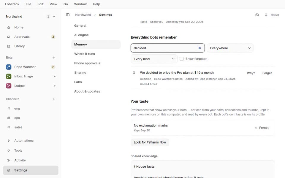 Settings, Memory: notes about you with their sources, then a search that finds a pricing decision.