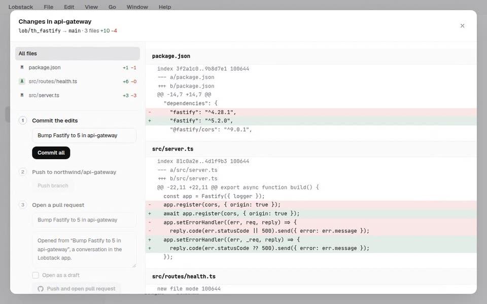 A coding bot’s changes: the branch, three files, and the commit, push and pull request steps.