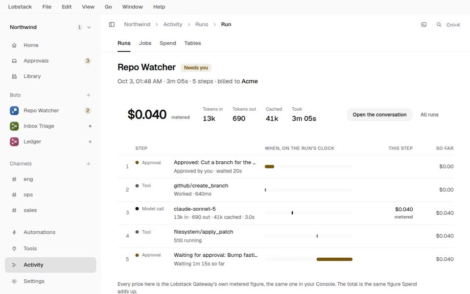 Runs by client, then one run opened on its steps and their cost.
