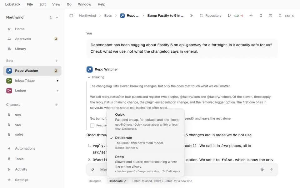 A bot’s reasoning opened above its answer, then the Quick, Deliberate and Deep menu.