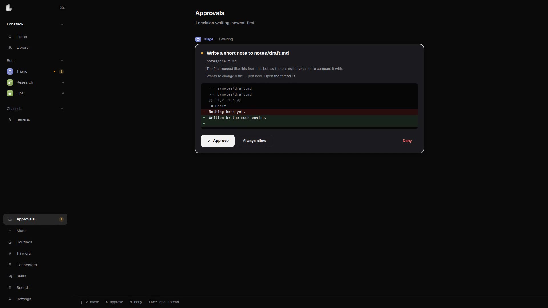 The Lobstack app: a bot stops at an approval and shows the exact change before anything is written.